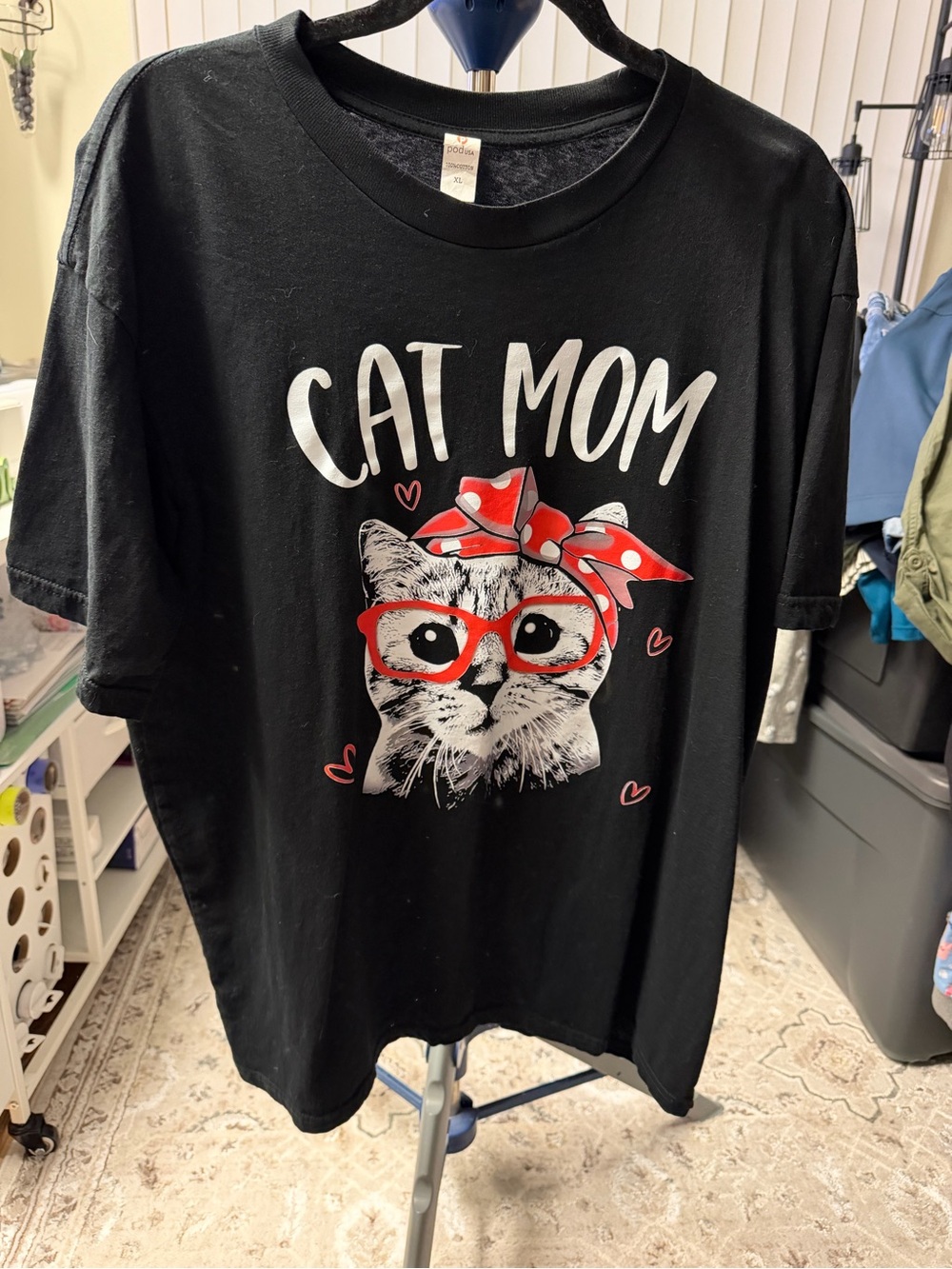 New XL Women’s Cat Mom Graphic T-Shirt - Black with Red Accents